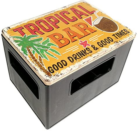 Bierkastensitz, Outdoor Hocker, Sitzauflage Vintage aus Holz für Getränkekisten mit Tropical Bar als Geschenkidee