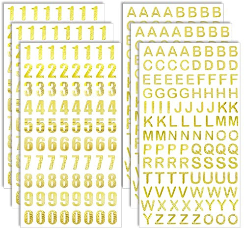 BLMHTWO 6 Blatt Buchstaben Aufkleber Gold, Selbstklebende Buchstaben Gold Glitter Aufkleber Buchstaben Gold Alphabet Zahlenaufkleber für Hochzeiten Geschenkverpackungen Partys Einladungen Grußkarten