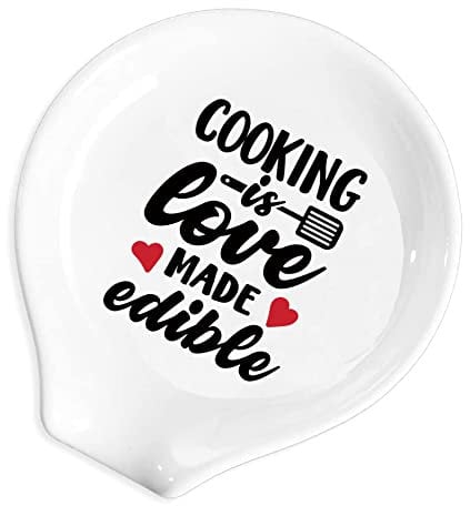 YTNONT Ceramic Spoon Rest for Kitchen Stove Top Counter, Funny Cooking is Love Made Edible White Spoon Holders for Chef, Mom, Grandma, Modern Farmhouse Kitchen Cute Decor Gift