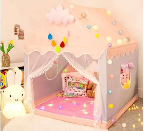 Spielzelt für Kinder mit Sternenlichtern,Mädchen Prinzessin Schloss Zelt,Indoor Kinderspielzelt mit Kugellichtern und Wolkenornamenten,Children's Play Tent,120x110x130cm