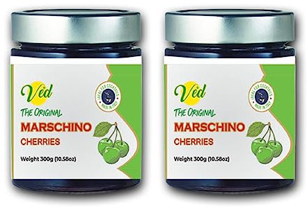 Ved Gourmet Original Grüne Maraschino-Kirschen – Italienische Kirsche für Old Fashioned Cocktails, Veganer Cocktail, Bourbon-Kirschen in natürlichem Sirup zum Cocktail-Topping (600-g-Glas (2er-Pack))