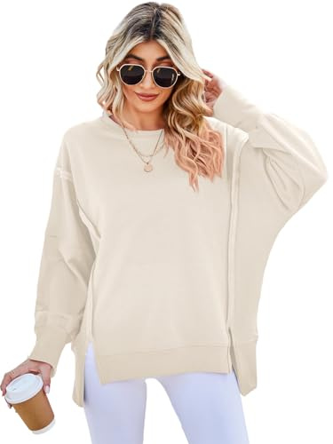 SotRong Ladies Sweatshirts Without Hood Crewneck Oversized Sweatshirts for Women Longline T Shirts Baggy Slouchy Boxy Tops Split Side Cotton Pullover Apricot S
