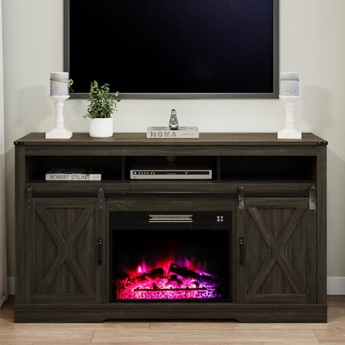 May in Color Fireplace TV Stand for 65+ Inch TV, Farmhouse Entertainment Center with 23 Electric Fireplace, Sliding Bar Door TV Console for Living Room, Dark Grey