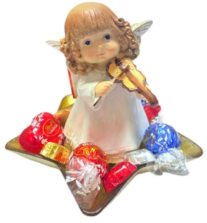 Generico Composizione Natalizia Angioletto in Ceramica su Piattino Stella oro o rosso con Cioccolatini Assortiti