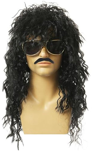 WUSANNA 80er Perücke Herren Schwarz Vokuhila Perücke Herren Vokuhila Perücke Vokuhila Punk Popstar Perücke Disco Punk Männlich Kostüm Für Fasching Karneval Motto Party Und Cosplay (Schwarz).