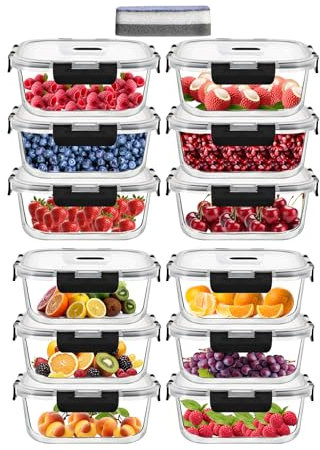 IUGHN 12pcs Glass Food Containers With Lids, Portable Glass Containers With Lids, 320 ml Meal Prep Containers Glass+1 Cleaning Sponge,Suitable for Dining and Food Storage Containers With Lids Airtight