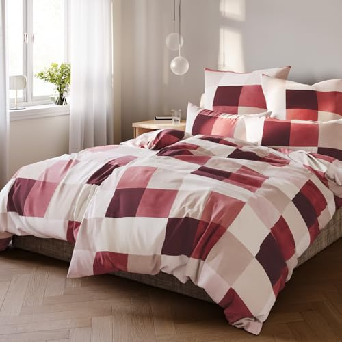 Pure Label Karierte Bettwäsche Set 155x220 40x80 rot aus Baumwolle | Waschbar bei 60∘C - Atmungsaktiv für Sommer & Winter - pflegeleicht