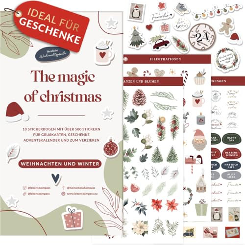 Lebenskompass Weihnachtssticker – Set aus 500+ Stickern für Geschenke, Karten & DIY-Projekte – Hochwertige Deko Sticker Weihnachten für festliche Bastelarbeiten