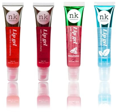 NK lip gloss gel 15ml Vitamin E, Shiny, Nourishes, Strawberry, Chery, Watermelon and Mint flavoured by Nicka K (Multi Pack Of 4).