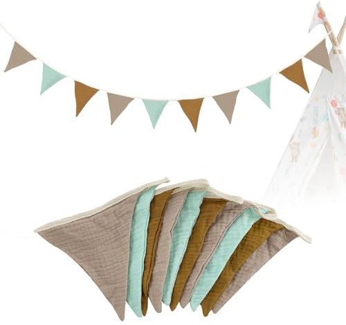 Wimpelkette Kinderzimmer,2.6M Wimpelkette Stoff Musselin,Mädchen & Jungen für Kinderzimmer Deko,Musselinstoff Girlande für Hausbett, Party, Geburtstag, Hochzeit (Morandi grau)