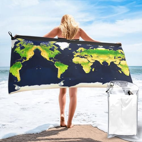 JIPOFD Schnelltrocknendes Strandtuch mit Weltkarte, 81,3 x 132,2 cm, Schwimmbad-Handtuch, übergroße Strandtücher für Herren und Damen