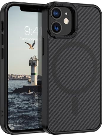 DOMAVER Case for iPhone 12 Mini,Magnetic [Compatible with Mag Safe] Carbon Fiber Metal Lens Frame+Buttons Support Wireless Charging Men Women Slim Shockproof Protective Phone Cover 5.4 Inch,Black