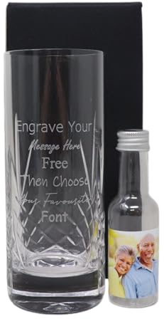 Engraved Crystal Highball Hiball Glass & Personalised Miniature Bottle of Alcohol Gift Set (Spiced Rum, Mini Bottle/Photo) Wedding/Anniversary | 35% vol