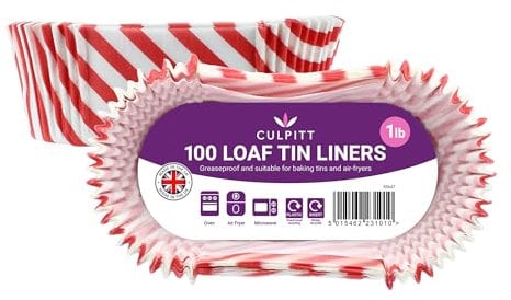 Culpitt 1lb Loaf Tin Liners | Red Stripe | 100 Pack | Greaseproof Paper Cake Tin Liner For Baking Bread and Cakes, Air Fryer Liner, Made In The UK