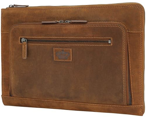 Baur Notebook Tasche Echtes Leder | Laptoptasche bis 13,3 Zoll | Handgefertigte Tasche | Tragetasche mit dünnem Design | Praktische Front Bag (Büfelleder Braun)