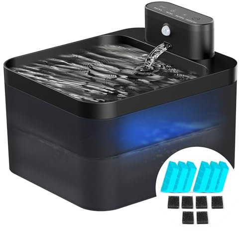 Katzenbrunnen Kabellos, 2.2L Trinkbrunnen Für Katze Kabellos Mit Bewegungsmelder, Katzentrinkbrunnen Leise Wasserpumpe Mit Led, Batteriebetrieben 2600mah mit 6 Kohlefilters + 6 Schwämmes