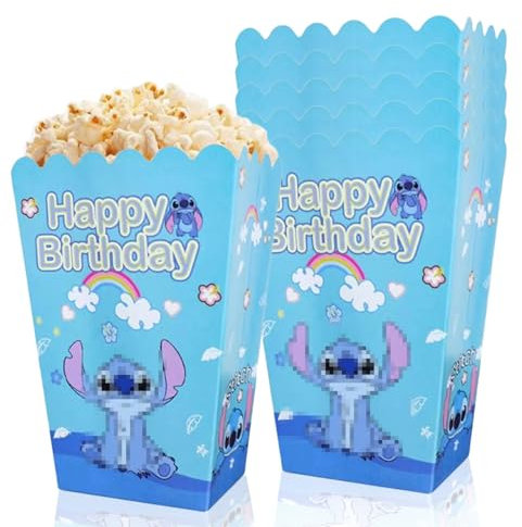 MORAINJAY 6Pcs Stitch Popcorn Boxes,Paper Popcorn Favor Boxes,Cardboard Candy Container Paper Bags for Kids Birthday,Stitch Themed Parties Movie Hollywood Dining Table Decorations