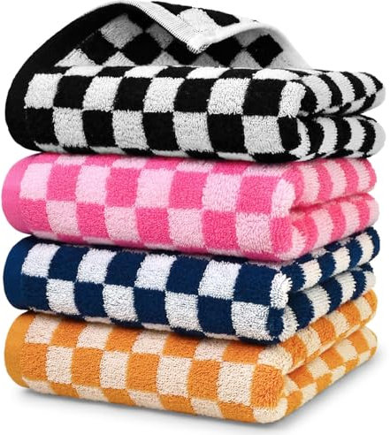 Jacquotha Luxus-Handtücher, 4er-Set, Baumwolle, weich, dekorativ, kariert, für Küche, Badezimmer, Schwarz, Hot Pink, Marineblau, Orange, 33 x 73 cm, für Damen und Herren