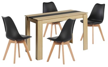 FURNITABLE Esstisch mit 4 Stühlen Esszimmergruppe, 4er Set Esszimmerstühle und 110CM Rechteckig Holztisch Essgruppe für Wohnzimmer Küche Büro (Eiche-Schwarz Tisch+4 Schwarz Stühle)