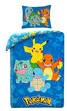Bettwäsche Pokemon mit Pikachu, Glumanda, Schwertkäfer und Bulbizarr, Bettbezug 140 x 200 cm + Kissenbezug 65 x 65 cm, Blau