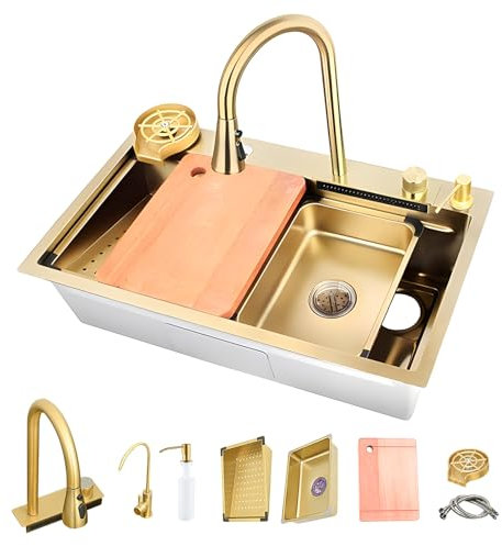 Fregadero de cocina dorado de 68 cm, fregadero de cocina de acero inoxidable, fregadero con grifo extensible ajustable, juego completo, fregadero de cocina