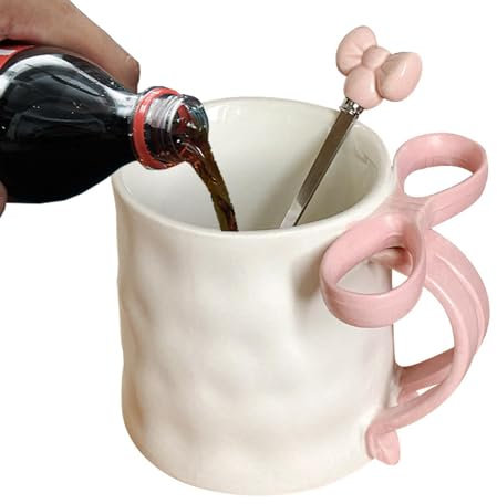 Oldmoom Pink Bow Coffee Mug,Ceramic Mug with Pink Bow Handle and Coffee Spoon | Cute Coffee Mug, Charming Ribbon Mugs for Valentine's Day, Birthdays, Thanksgiving Day, Colleagues