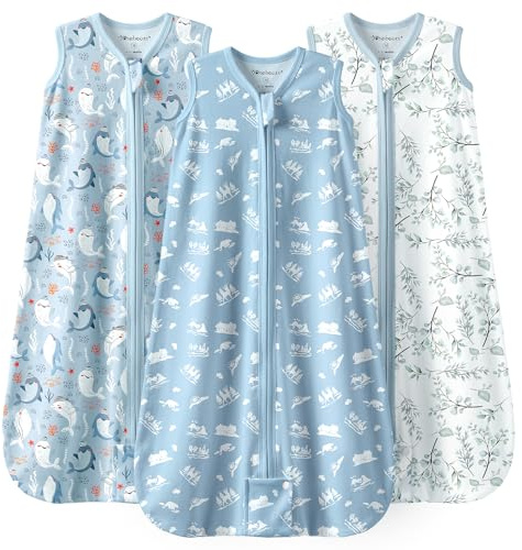 Mosebears 3 Paquetes Saco de Dormir de Verano Para Bebés 0,5 Tog Algodón Saco de Dormir Transpirable para bebés (Azul, S(0-6 meses))
