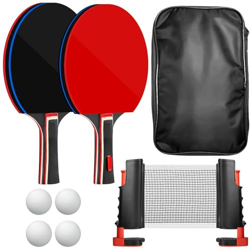 Tischtennis Set,2 Tischtennisschläger mit 4 Tischtennis Bälle und 1 Tasche,Tischtennisnet ,Tischtennisset,Tischtennis Set mit Netz, Tischtennisschläger Set Profi Sport Set für Indoor & Outdoor Spiele
