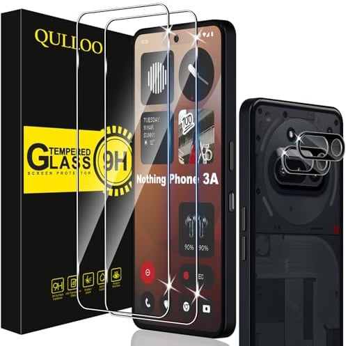 QULLOO Verre Trempé pour Nothing Phone 3a, 2 Pièces Protecteur D'écran et 2 Pièces Caméra Arrière Protecteur, 9H Dureté Film Protection Écran HD Clarté Anti Rayures Vitre Protection