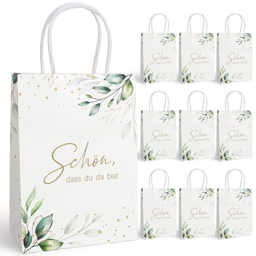 MEJOSER 10 Stück Geschenktüten Schön dass Du Da Bist 21x15x8cm Gastgeschenke Hochzeit Papiertüten mit Henkel Geschenktasche Weiß Eukalyptus Mitgebsel Tüten Geburtstag Kommunion Taufe