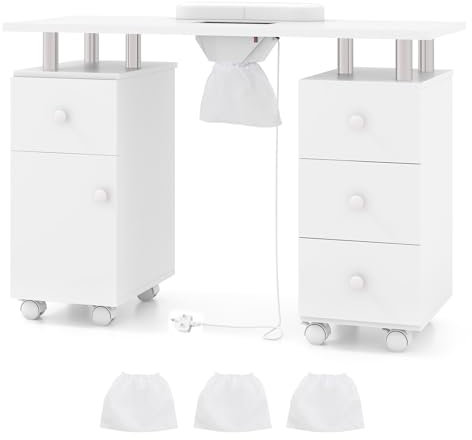 RELAX4LIFE Rolling Manicure Table, Mobile Nail Tech Desk Station with Electric Dust Collector, Wrist Rest, 8 Lockable Wheels, 4 Drawers & 1 Cabinet, Professional Wooden Nail Art Workstation (White)