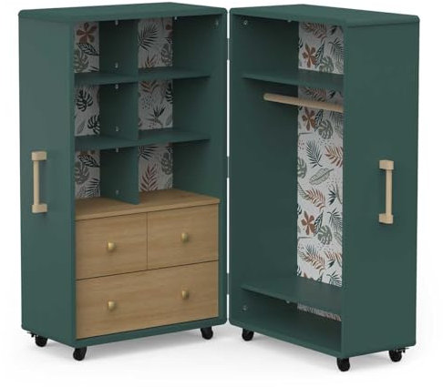 habeig Mobiler Kleiderschrank #5860, 70 x 112 x 65 cm, Grün mit Holzschubladen, begehbar, 8 Rollen