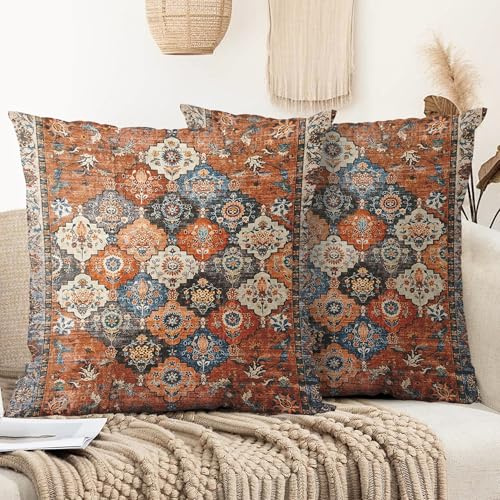 XPHZZL Pack of 2 Bohemian Style Linen Decorative Cushion Covers 65x65 cm Square Throw Pillow Covers 26x26 Inch Boho Style Pillowcases for Outdoor Home Decor Sofa Bedroom Car - Flower Orange