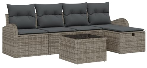 vidaXL Garten-Sofa-Set mit Kissen mit Speicher 6 pcs Grau Poly Rattan, Garten und Terrasse, Modulares Outdoor-Sofa-Set, robuster Loungesitz, wetterfest, verstellbare Füße, vielseitige Möbel
