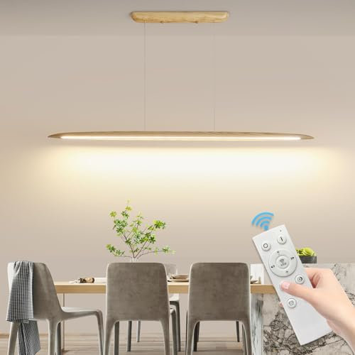 Mikeru Pendelleuchte Esstisch Holz, 130cm LED Pendelleuchten Höhenverstellbar 3000k/4000k/6000k Dimmbare Eschenholz Hängeleuchte Modern Esszimmer 10% bis 100% Höhe Hängenden Linie 150cm für Esszimmer