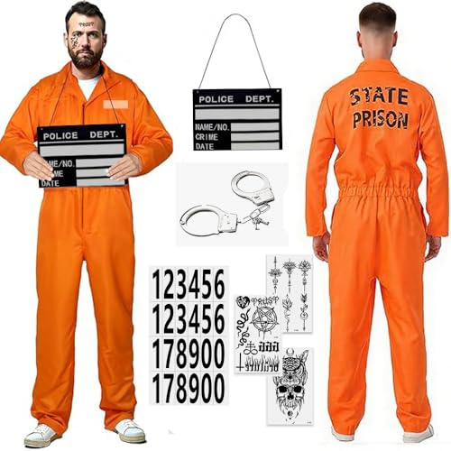 RIRIDAMAI Disfraz Preso Hombre Con Prisionero Aaccesorios, Mono Naranja Disfraz Preso Adulto,para Halloween y Carnaval - Ideal para Hombre - Naranja