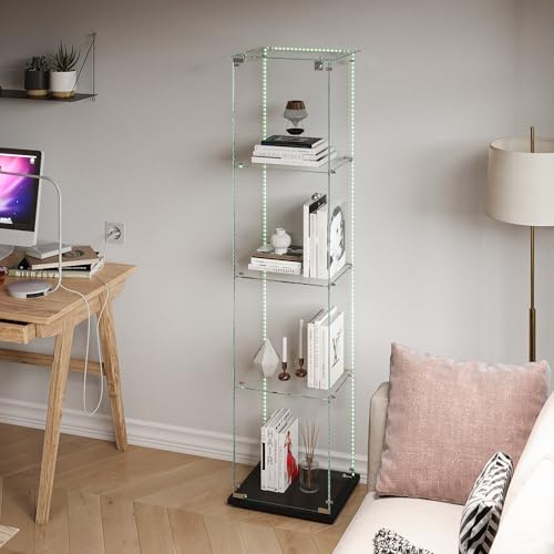 Vitrine aus Glas mit 4 Regalen, 163 x 40 x 35 cm, Vitrinen aus Glas mit LED-Lichtstreifen und 1 Tür, Vitrine für Sammlungen mit Schloss und verstellbaren Füßen, moderner Vitrinenschrank (schwarz, 1P4E
