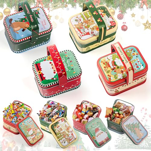 Phlognfy Weihnachten Keksdose Metall, 4Pcs Weihnachten Mini Blechdose mit Deckel, für Verpacken Schokolade Kekse Süßigkeiten Snacks