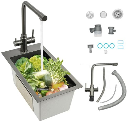 Fregadero de cocina de acero inoxidable de 50 x 28 cm, con grifo, pequeño y estrecho, para empotrar con 1 lavabo, incluye válvula de desagüe y rebosadero, para cocina pequeña, caravana, bar (negro)