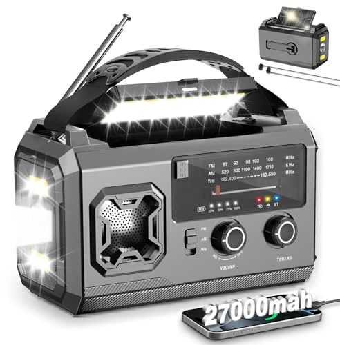 LIFOCI Radio Solar de Emergencia con Manivela, 27000mAh FM/Am Emergency Radio Portatil de Dinamo con Linterna LED, Luz de Lectura y SOS Alarma USB de Camping al Aire Libre (Gris)