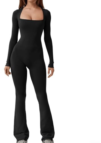 Damen Bodycon Jumpsuit Langarm Quadratischer Ausschnitt Slim Fit Ausgestellte Hose Strampler für Casual Herbst Winter Wear (M Schwarz)