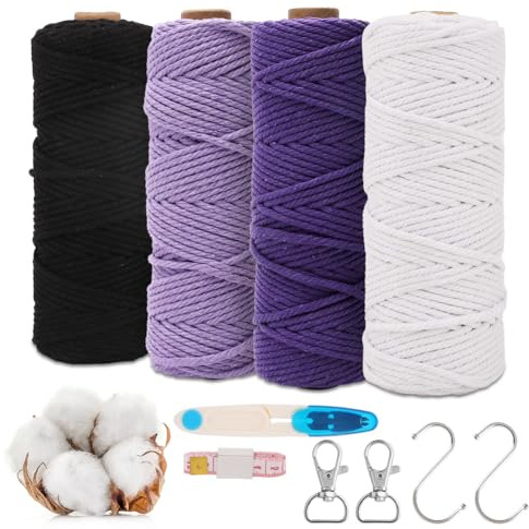 RANJIMA Makramee Garn, 3mm Macrame Cord Makramee 4er Set Makramee Schnur Garn für DIY Handwerk Weben Dekoration Wandbehänge Türvorhang Blumenampel Hängepflanze Pflanze Aufhänger Bohemien, Lila