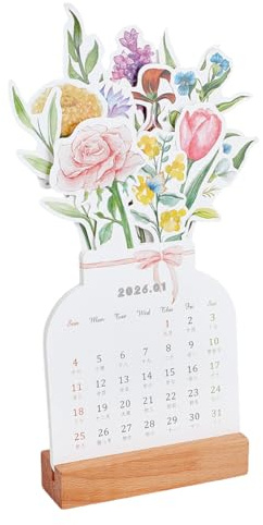 CRAFTYMELODY 2026 Jahres Tischkalender Mit Blumenmuster Holzsockel Abnehmbarer Vase Neujahrs Monatsplaner Kreativer Terminkalender
