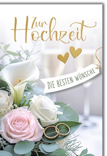 Hochzeitskarte für Paare - Romantisch - Calla und Rosen mit goldenen Ringen und Champagnerflöten - Klappkarte mit Umschlag Glückwunschkarte Hochzeit