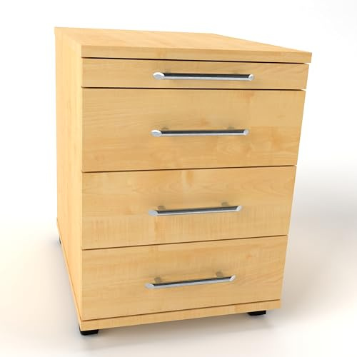 Rheinland Möbel Rollcontainer CADI Home 43×58×59 cm – Bürocontainer in Ahorn mit Orga- & 3 Universal-Schubladen, Metall-Relinggriff