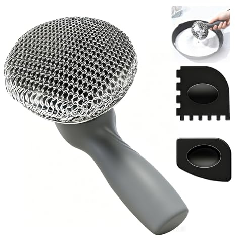 Schrubber für Gusseisenpfanne, Langstieliges Design Topfreiniger | Gusseisen Ringreiniger mit 2 Grillrostschaber, Hochwertiger Edelstahl fur Grills Grillplatten Töpfe Pfannen Geschirr (Grau)