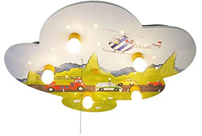 Kinder LED Deckenleuchte Wolkenform Motiv „AUTOS“ – mit Zugschalter für Sternenhimmel Schlummerlicht Funktion!