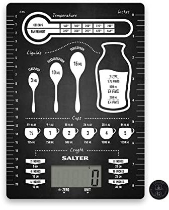 Salter 1171 CNDR Digitale Küchenwaage - Leicht Lesbares Display, AquaTronic Zum Eiegen Flüssigkeiten, Ultraflache Glasplattform, Messung In 1g Schritten, Tare-Funktion, Konzeption Der Rezeptmessung