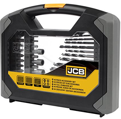 JCB - Combination Drill and Bit Set - 40 Piece Accessory Set - Selection of HSS Masonry and Wood Drill Screwdriver Bits & Nut Sockets - Presented in a Durable Folding Carry Case