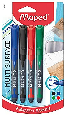 Maped Custom - Marqueur permanent fin Noir/Bleu/Rouge/Vert x4 - Pointe fine 2mm - Multi surface